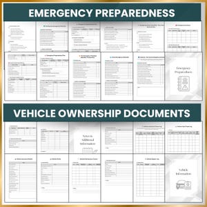Preparedness checklist templates including fire, flood, hurricane, and earthquake plans. Also includes vehicle maintenance logs, insurance info, and travel history sheets.