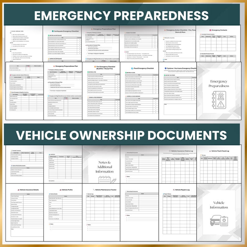 Preparedness checklist templates including fire, flood, hurricane, and earthquake plans. Also includes vehicle maintenance logs, insurance info, and travel history sheets.
