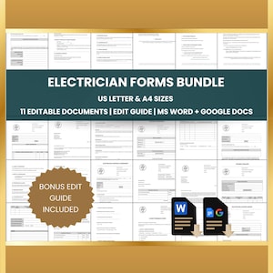 May include: An electrician forms bundle with US Letter and A4 sizes. The image shows 11 editable documents, an edit guide, and compatibility with MS Word and Google Docs. A bonus edit guide is included. The bundle is displayed on a gold background.
