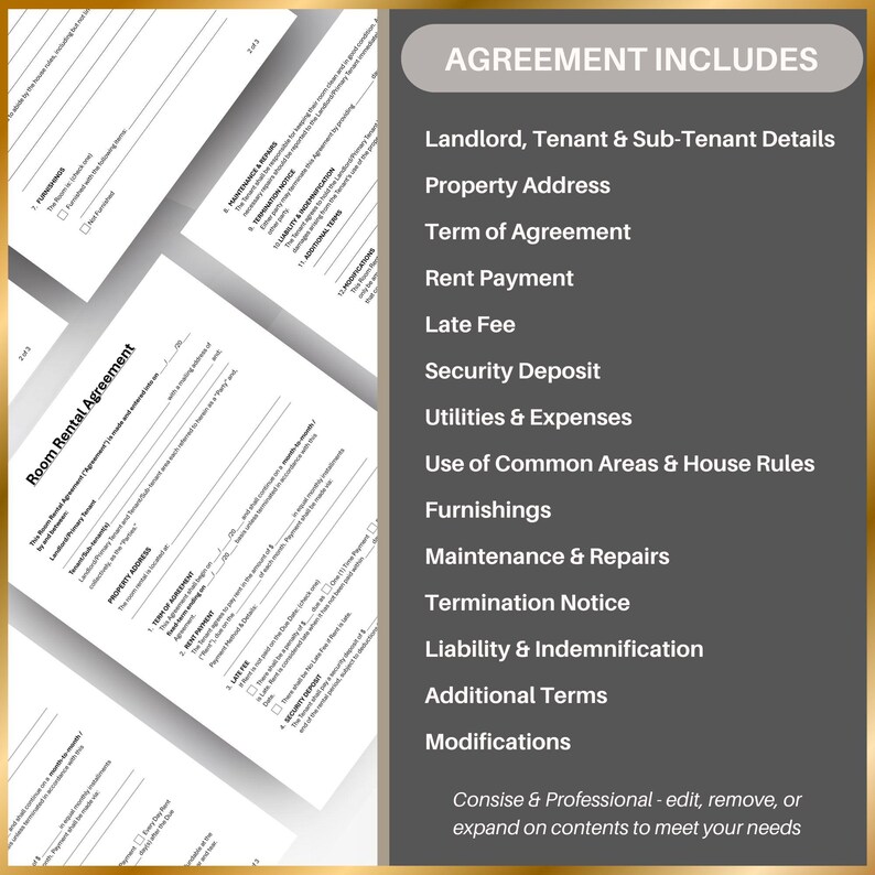 Rental Agreement Template Editable | Room Rental Contract | Sublease ...