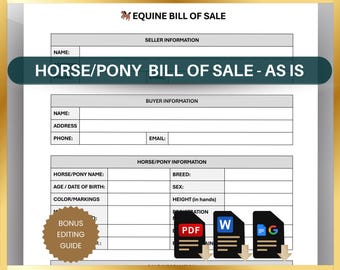 Horse Bill of Sale Template | Equine Purchase Agreement | Sell Pony Buyer & Seller Contract | Editable in Word, Google Docs | PDF