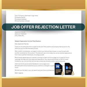 Carta de rechazo de oferta de trabajo / Correo electrónico de rechazo de empleo / Carta de rechazo de candidato / Gestión de RR.HH. / Editable en Word y Google Docs