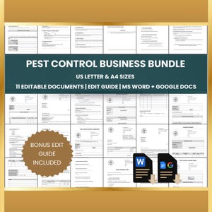 May include: A bundle of 11 editable documents for pest control businesses, in US Letter and A4 sizes. Includes an edit guide and is compatible with MS Word and Google Docs. A bonus edit guide is included.