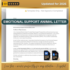 Lettera di supporto emotivo per animali, modello per alloggio e viaggi per animali di supporto emotivo, autorizzazione per animali da compagnia (Word modificabile, Google Docs)