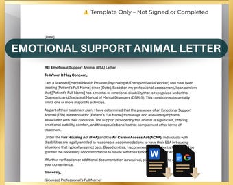感情支援動物（ESA）証明書、ESA住宅・旅行宿泊テンプレート、コンパニオンペット承認書（編集可能なWord、Googleドキュメント）