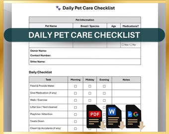 Editable Daily Pet Care Checklist: Pet Sitter Report (PDF, Word, Google Docs)