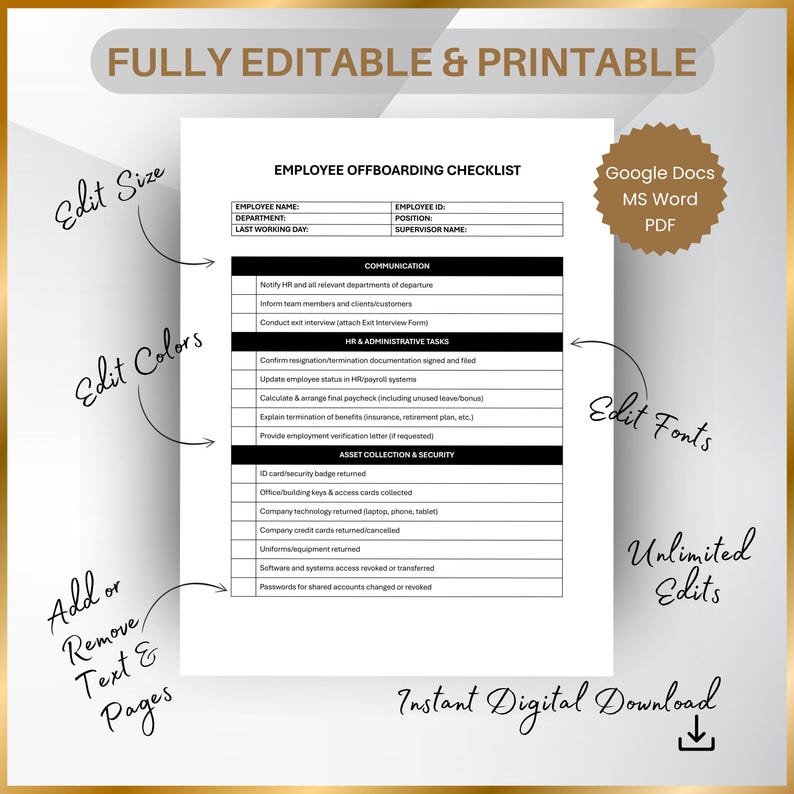 Employee Offboarding Checklist: HR Staff Exit Process Form (printable ...
