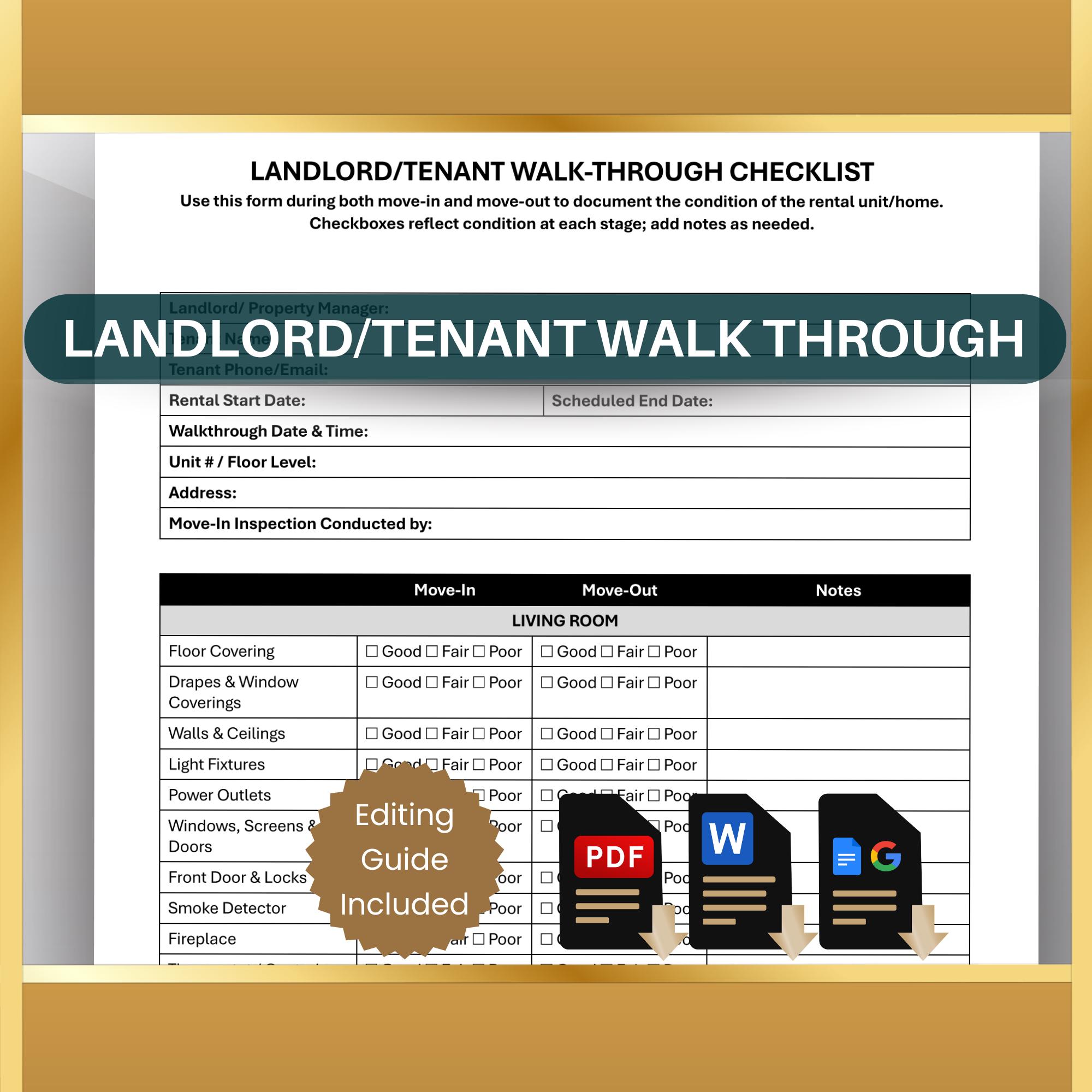 Rental Property Walkthrough Checklist: Landlord Tenant Move In/Out Form (Printable PDF & Word)