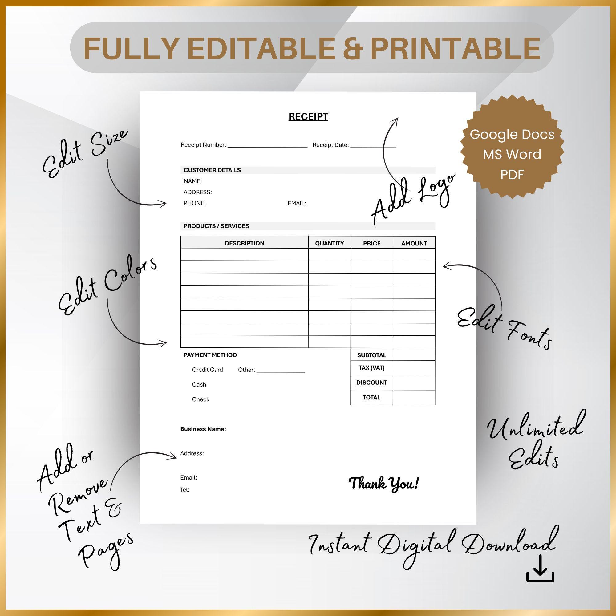 Editable Receipt Template, Printable Business Receipt PDF, Invoice ...