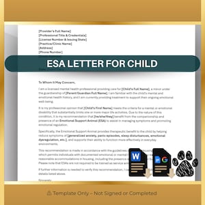 Plantilla de carta de la ESA para niños / Carta para animales de compañía para menores / Carta para terapeutas infantiles / Word editable / Uso en vivienda