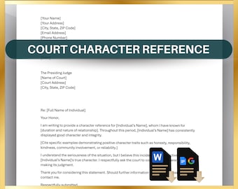 Court Character Reference Letter, Editable Testimonial Template Legal Writing Aid (MS Word & Google Docs)