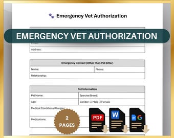 Pet Sitting Contract, Emergency Vet Authorization Form, Pet Sitter Instructions Template, Printable PDF Editable Word Google Docs