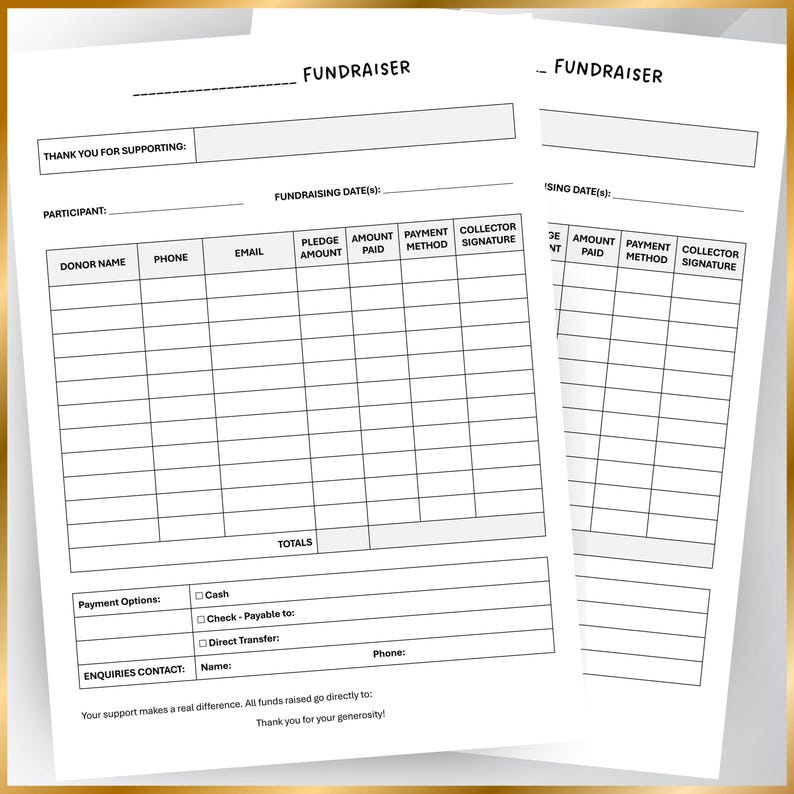 Fundraiser Form Template — Donation Tracker, Pledge Sheet (printable ...