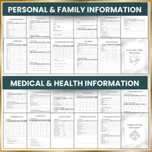 Emergency Binder templates covering personal and family information, medical history, health insurance, surgery and allergy logs, and contact details. Fully editable in Word, Google Docs, and printable PDFs.