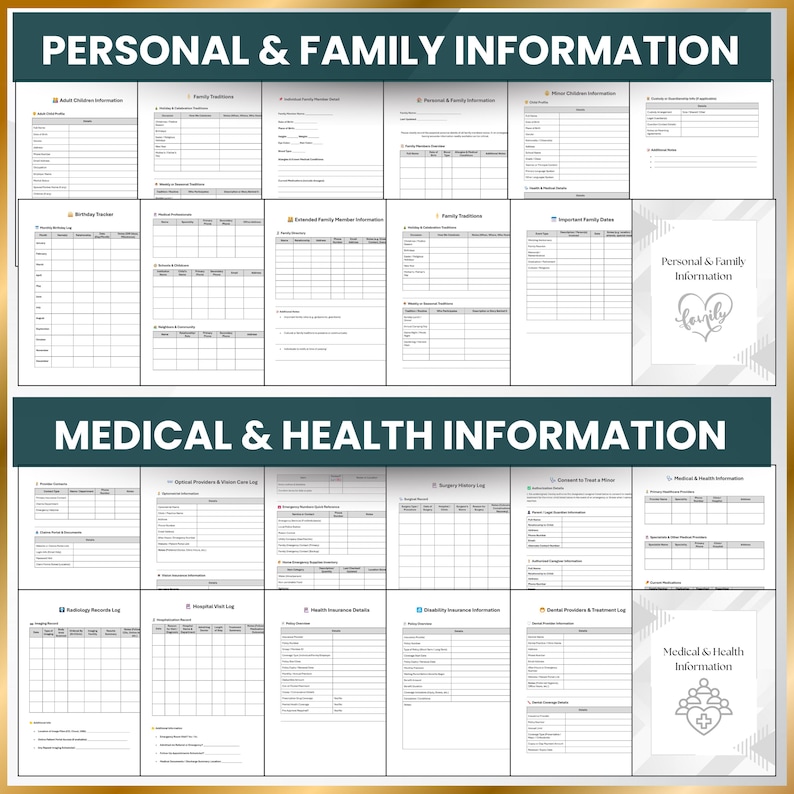 Emergency Binder templates covering personal and family information, medical history, health insurance, surgery and allergy logs, and contact details. Fully editable in Word, Google Docs, and printable PDFs.