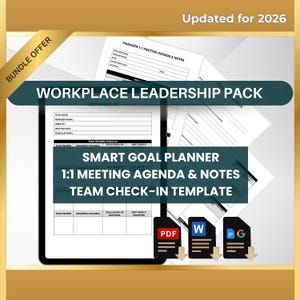 Leadership HR Bundle: Goal Planner, Meeting Notes, Team Check-In (Printable PDF, Editable Word, Google Docs)