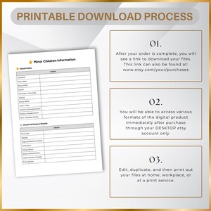Download and usage instructions for printable emergency binder. Access files immediately after purchase via Etsy on desktop, then print or edit at home or work.