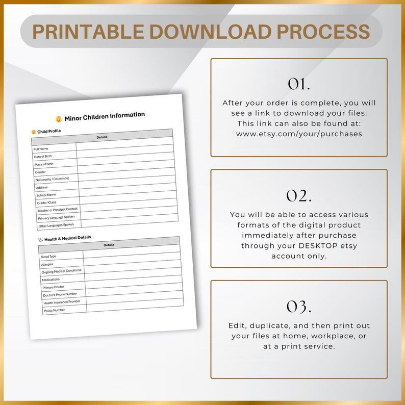 Download and usage instructions for printable emergency binder. Access files immediately after purchase via Etsy on desktop, then print or edit at home or work.
