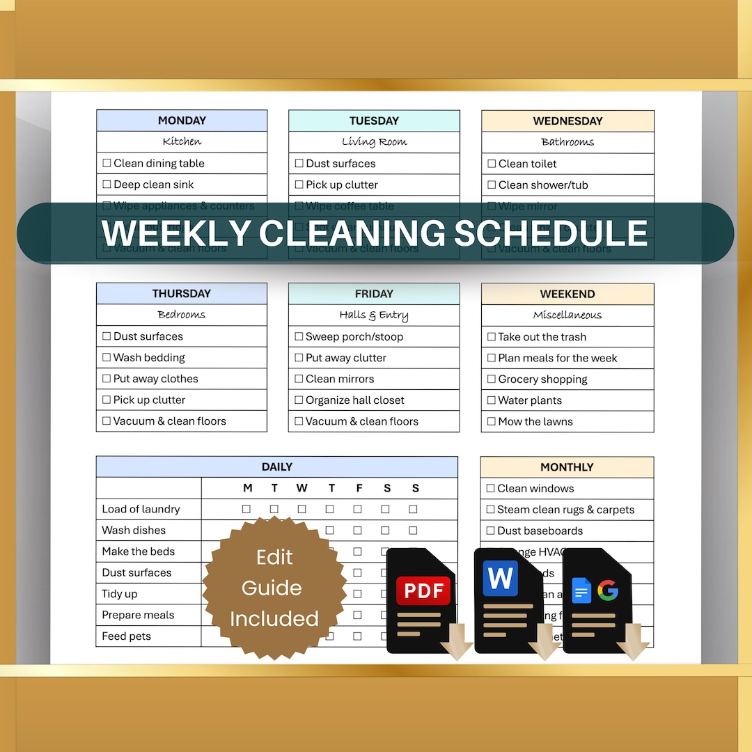 Weekly Cleaning Schedule Template: Daily Chore Chart Checklist ...