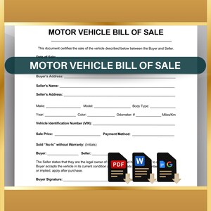 Motor Vehicle Bill of Sale, Car Sale Agreement, Auto Sale Form, Motor Vehicle Contract, Sell As Is, Editable Google Docs, Word, PDF