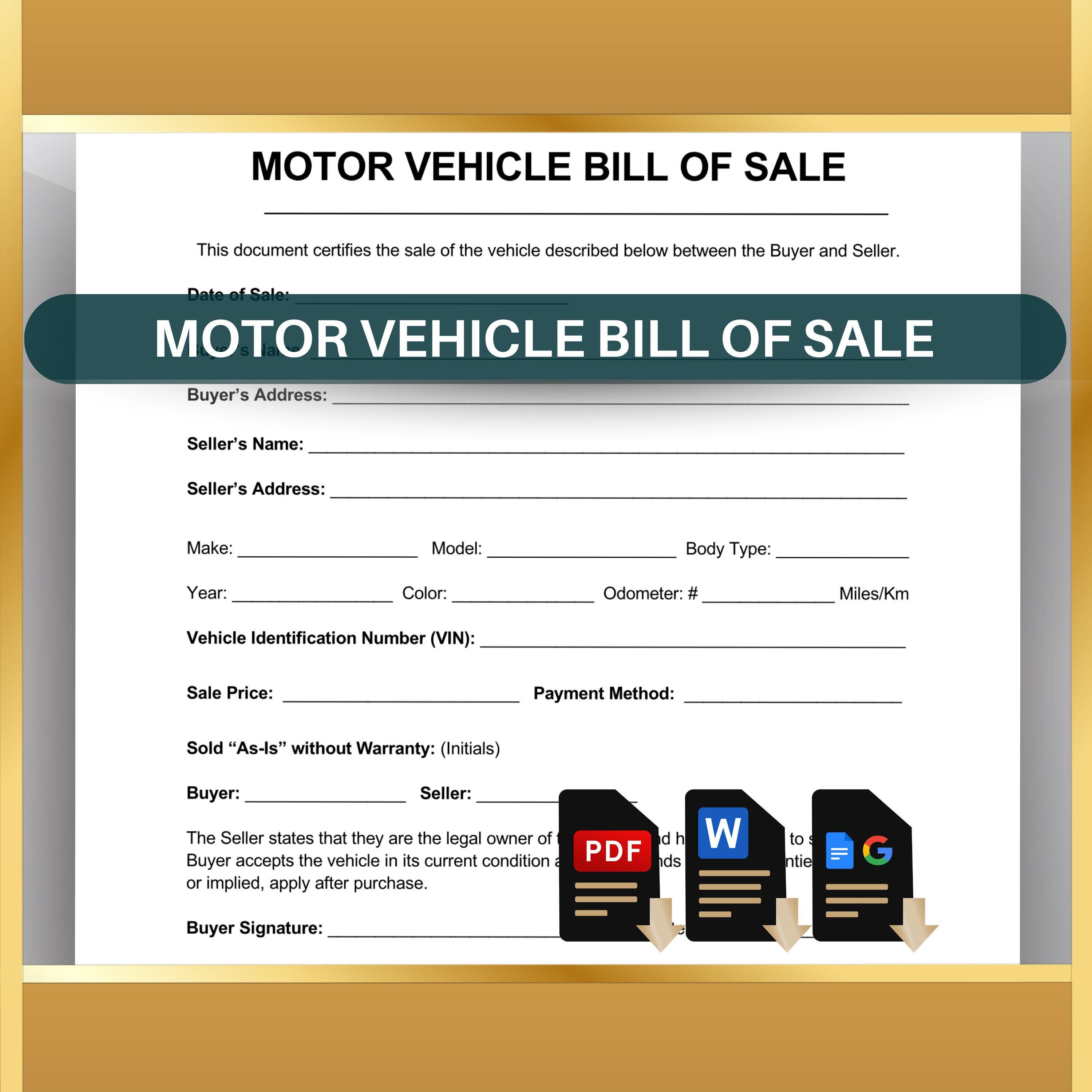 Motor Vehicle Bill of Sale, Car Sale Agreement, Auto Selling, Motor Vehicle  Contract, Sell as is (printable PDF, Editable Word, Google Docs) - Etsy