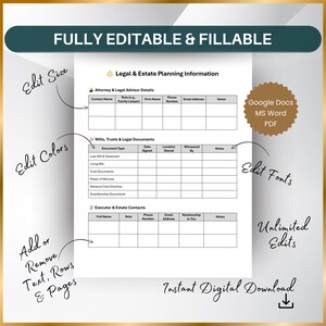 Example of editable estate planning document in emergency binder. Customizable fonts, colors, and layout in Word, Google Docs, and PDF formats.