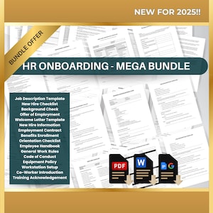 May include: A bundle of HR onboarding documents in PDF, Word, and Google Docs formats. The documents include a job description template, new hire checklist, background check, offer of employment, welcome letter template, new hire information, employment contract, benefits enrollment, orientation checklist, employee handbook, general work rules, code of conduct, equipment policy, workstation setup, co-worker introduction, and training acknowledgement.