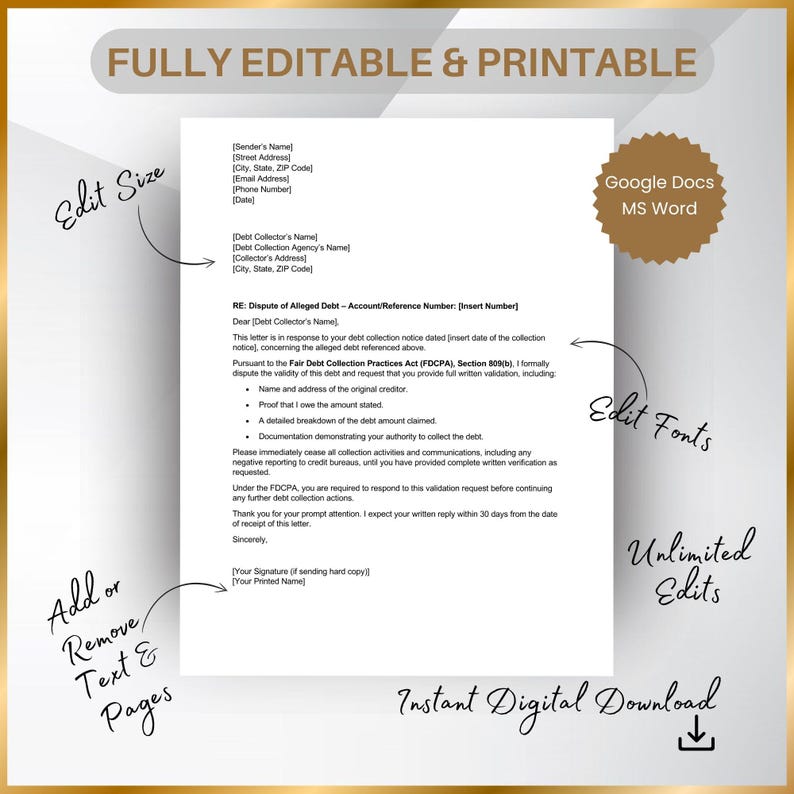 Easy-to-Edit Debt Validation Letter Instant Digital Download