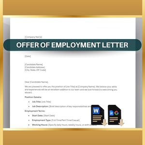 Carta de oferta de trabajo / Plantilla de oferta de empleo / Carta de bienvenida para nuevos empleados / Oferta para empleados profesionales / Editable en Word y Google Docs