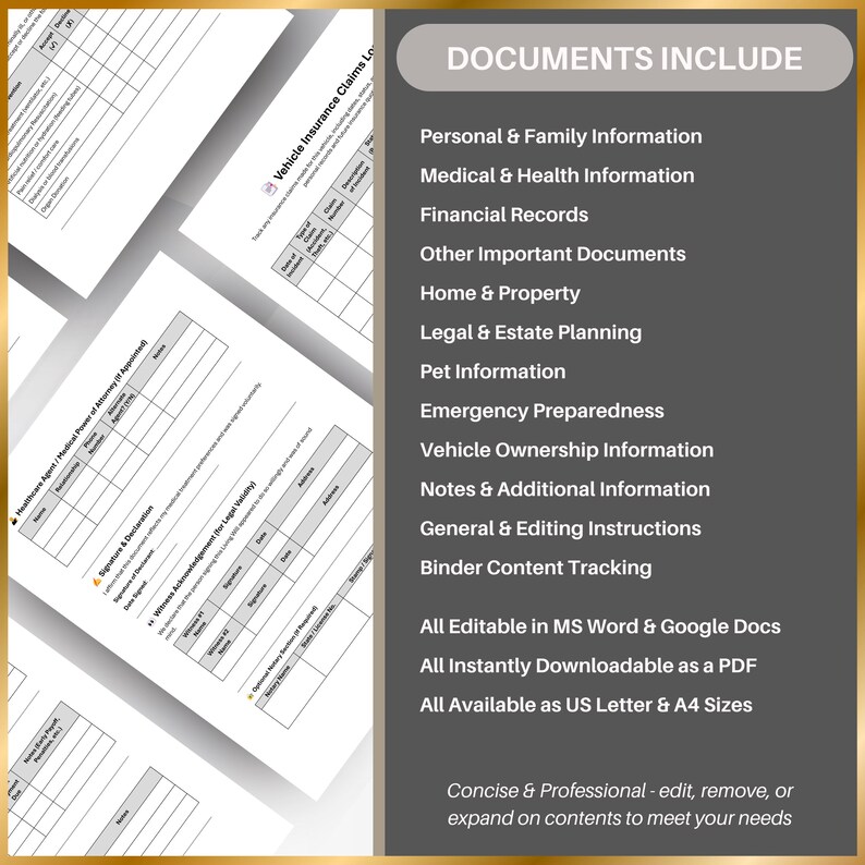 Overview of all sections in the emergency binder including pet info, notes, binder tracking, and full category breakdown. Available as editable Word and Google Docs files.