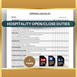 Restaurant Opening and Closing Checklist, Bar Shifts, Cafe Waiter Staff Tasks and Duties, Hospitality Management, Word, PDF
