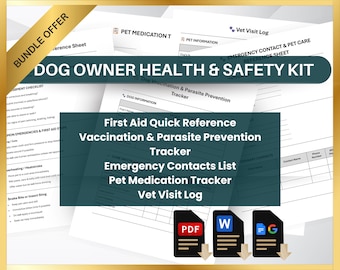 Dog Health Safety Kit: First Aid, Vet Logs, Medication Tracker (PDF, Word, Google Docs)