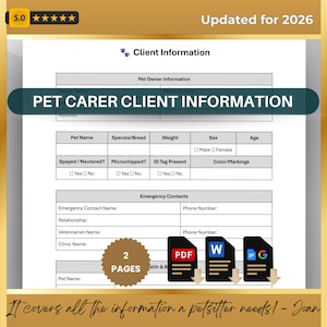 Pet Sitter Client Intake Form: Dog Walker Information Sheet (Printable PDF, Editable Word, Google Docs)