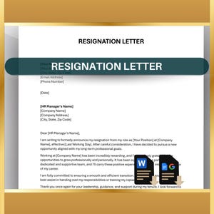 Modelo de Carta de Demissão Profissional, Carta de Aviso de Demissão, Texto Editável para Demissão, Aviso de Duas Semanas, Word, Docs
