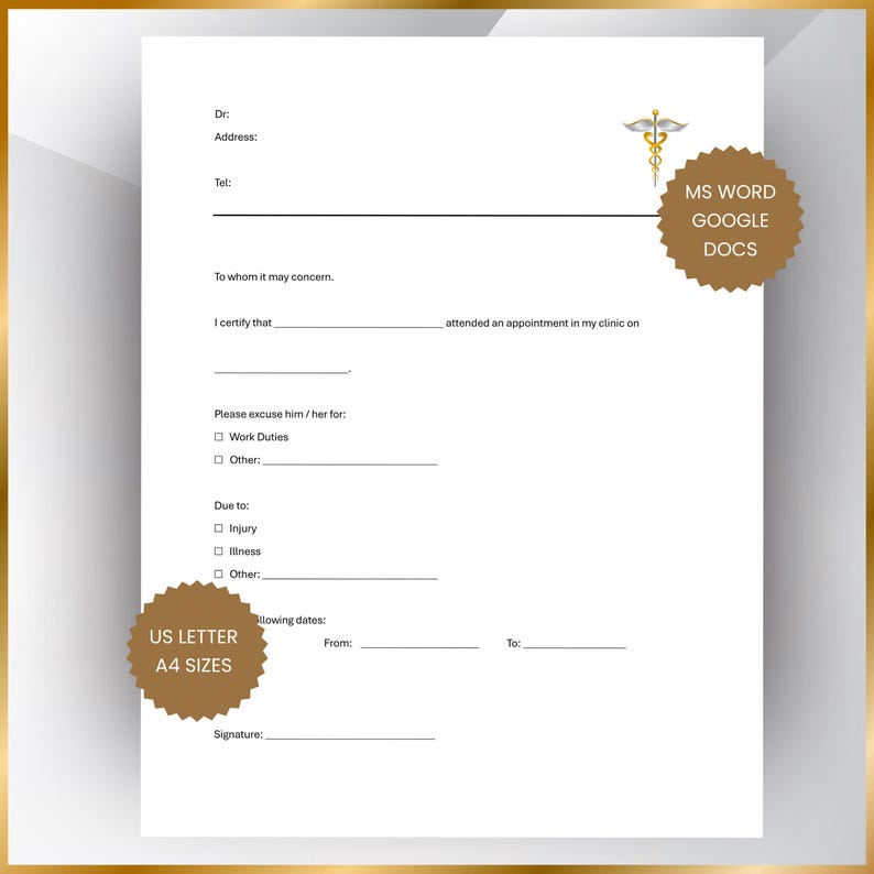 Doctor's Excuse Note Template: Medical Absence Form (printable PDF ...