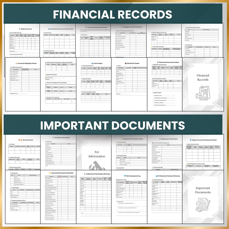 Digital emergency binder financial planning documents including debt overview, income tracker, retirement accounts, and important checklists like passwords, employment, and professional contacts.