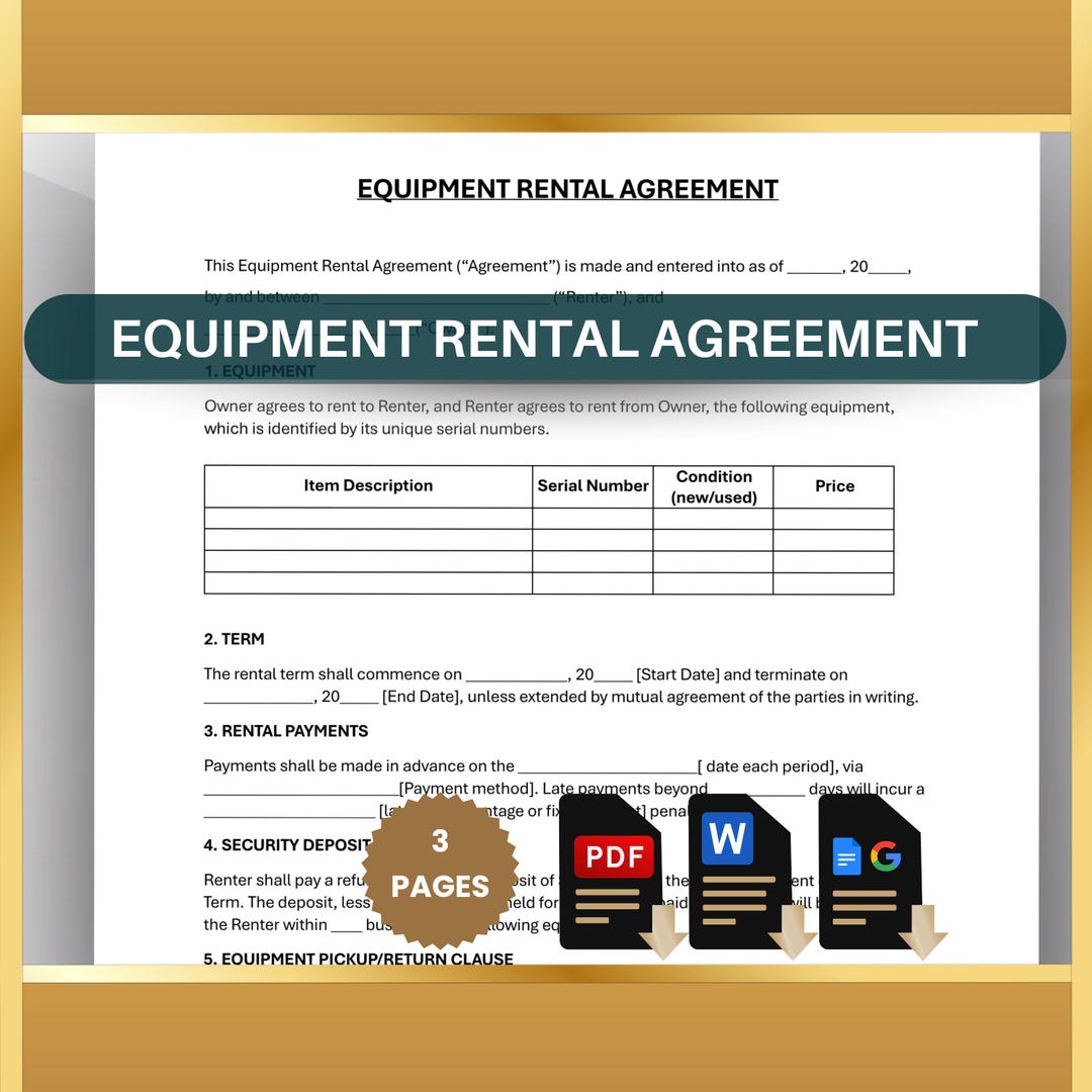 Equipment Rental Agreement, Equipment Lease Contract, Editable Business ...
