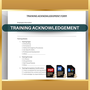 Training Acknowledgment Form, Employee Training Record, Compliance Sheet, Workplace Trainer Log, Editable Work Document