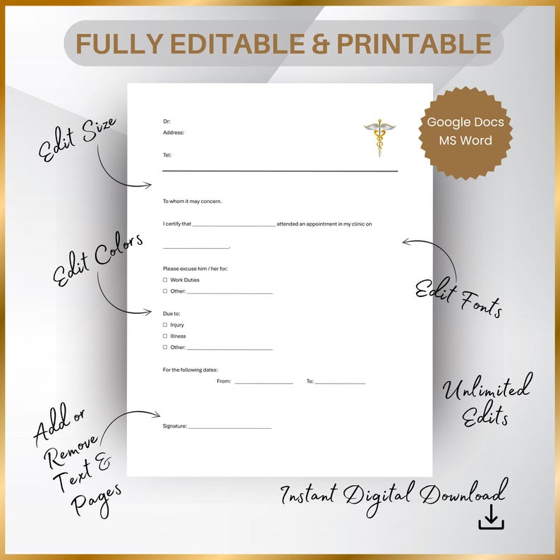 Doctor's Excuse Note Template: Medical Absence Form (printable PDF ...