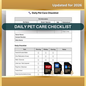Liste de contrôle quotidienne pour le soin des animaux de compagnie : rapport modifiable du gardien d'animaux, suivi de l'alimentation et des médicaments de l'animal (PDF imprimable, Word, documents Google)