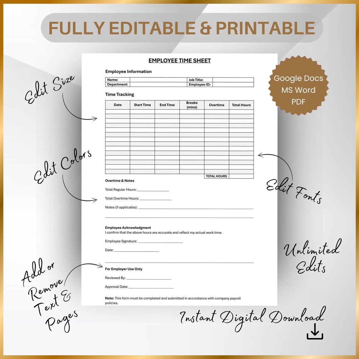 Employee Time Sheet Template: Work Hours Attendance & Absence Log ...
