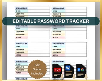 Password Tracker Template, Account Login Organizer (Printable PDF, Editable Word, Google Docs)