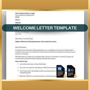 Plantilla de carta de bienvenida para nuevos empleados, nota de bienvenida para la incorporación de nuevos empleados, formulario de correo electrónico de incorporación de RR. HH. personalizable, Word editable, Docs