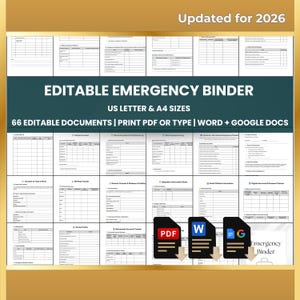 Editable Emergency Binder with 66 printable and fillable templates for family preparedness and emergency planning. Includes US Letter and A4 sizes in Word, Google Docs, and PDF formats. Organize personal, health, legal, financial, and home documents easily.