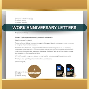 Plantilla de carta de aniversario laboral / Correo electrónico de agradecimiento al empleado / Mensaje de reconocimiento de RR. HH. / Documentos de Google y Word / Profesional editable