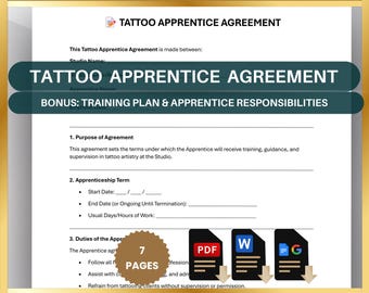 Tattoo Apprentice Agreement Template: Studio Training Contract (Printable PDF, Editable Word, Google Docs)