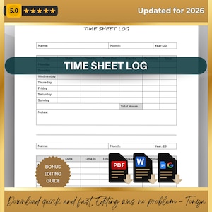 Employee Time Sheet Log: Work Hours Tracker (Printable PDF, Editable Word, Google Docs)
