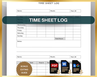 Employee Time Sheet Log: Work Hours Tracker (Printable PDF, Editable Word, Google Docs)
