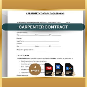 Peut inclure: Un formulaire de contrat de charpenterie noir et blanc avec le titre "CARPENTER CONTRACT" en gras, en blanc. Le formulaire comprend des sections pour les informations du client et du contractant, la portée des travaux et la description du projet. Le formulaire est disponible aux formats PDF, Word et Google Docs.