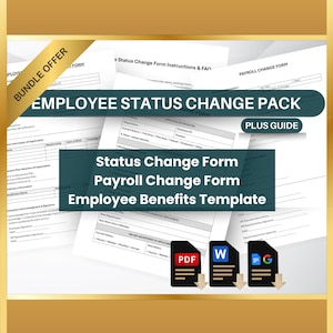 May include: A digital download pack for employee status change forms, payroll change forms, and employee benefits templates. The pack includes PDF, Word, and Google Docs formats. The text "PLUS GUIDE" is visible in the upper right corner.